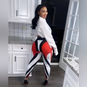 Red White & Black mugler leggings. Lots of stretch. High waist. Worn for 3 hrs